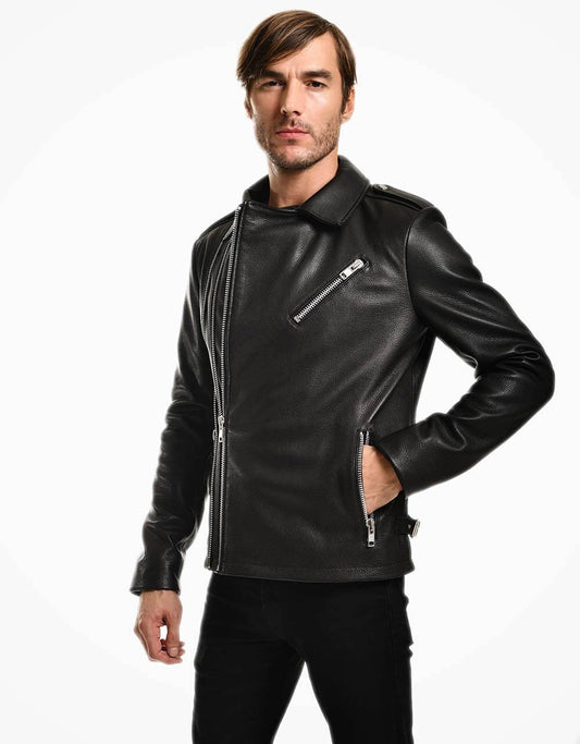 Man wearing a black leather jacket on a white background