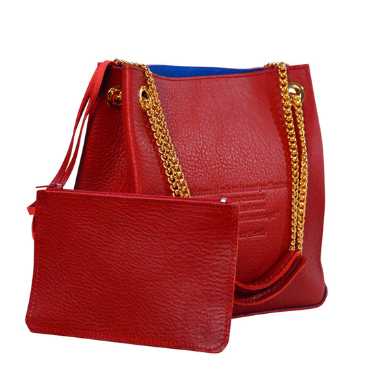 Red handbag with gold chain strap on a white background