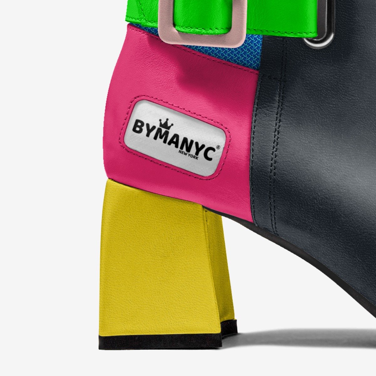 Colorful boot with a visible 'BYMANYC' logo on a white background
