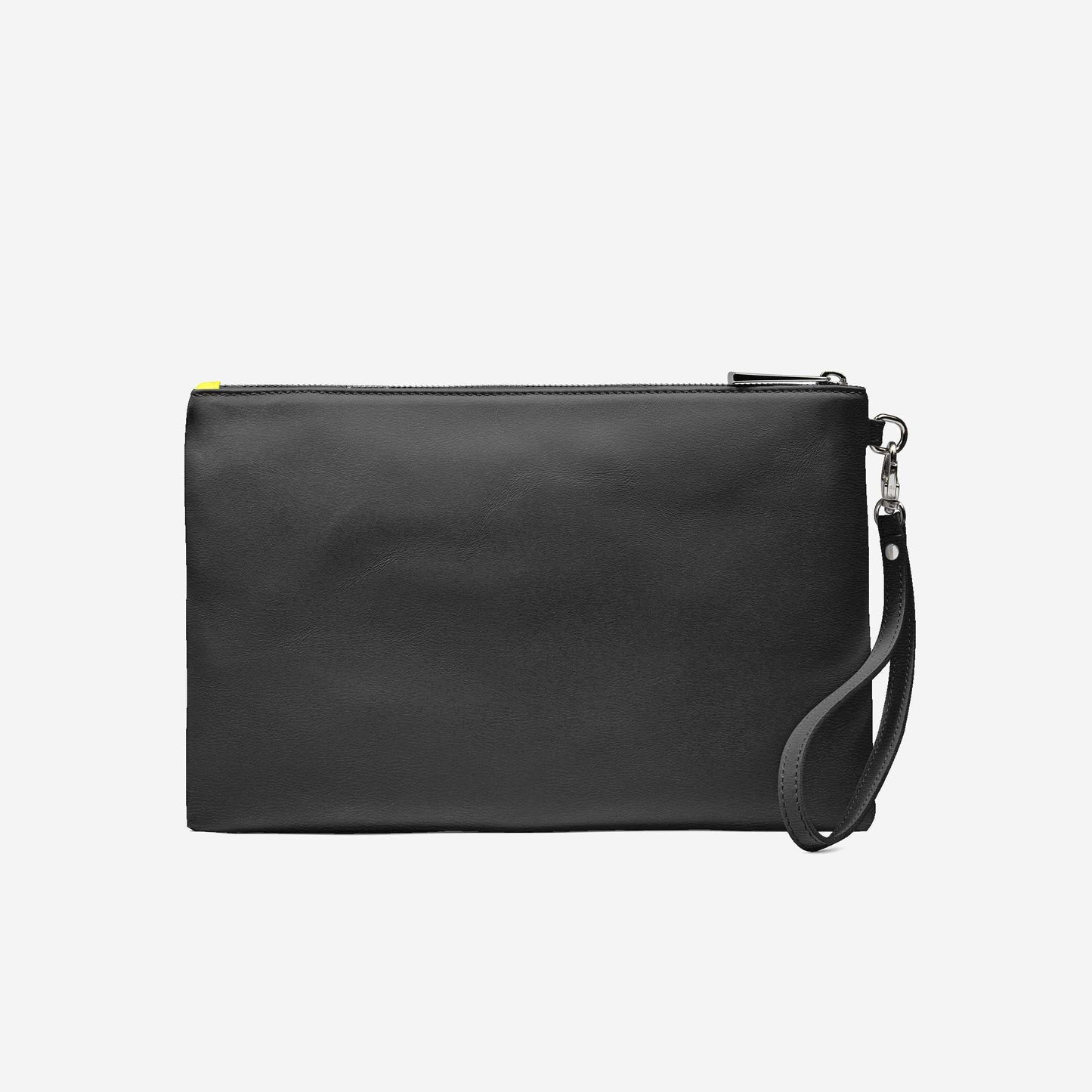 Black clutch bag with a strap on a light gray background
