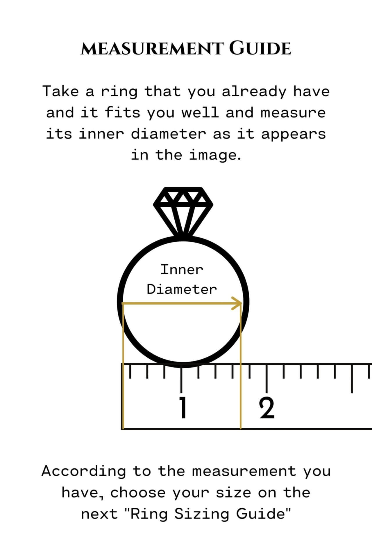 Measurement guide for ring inner diameter with a ring and ruler on a white background