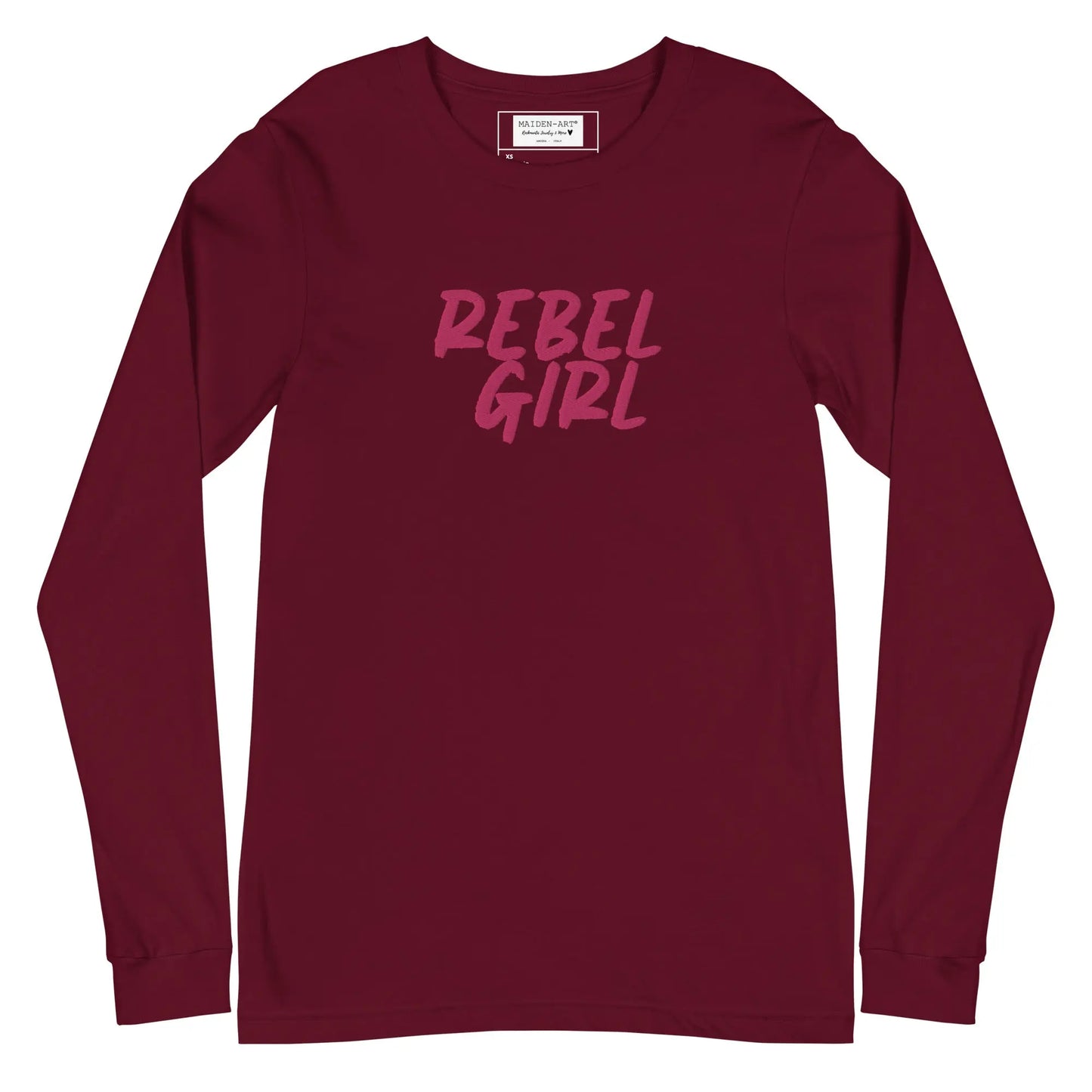 Maroon long-sleeve shirt with 'REBEL GIRL' text in pink on a white background