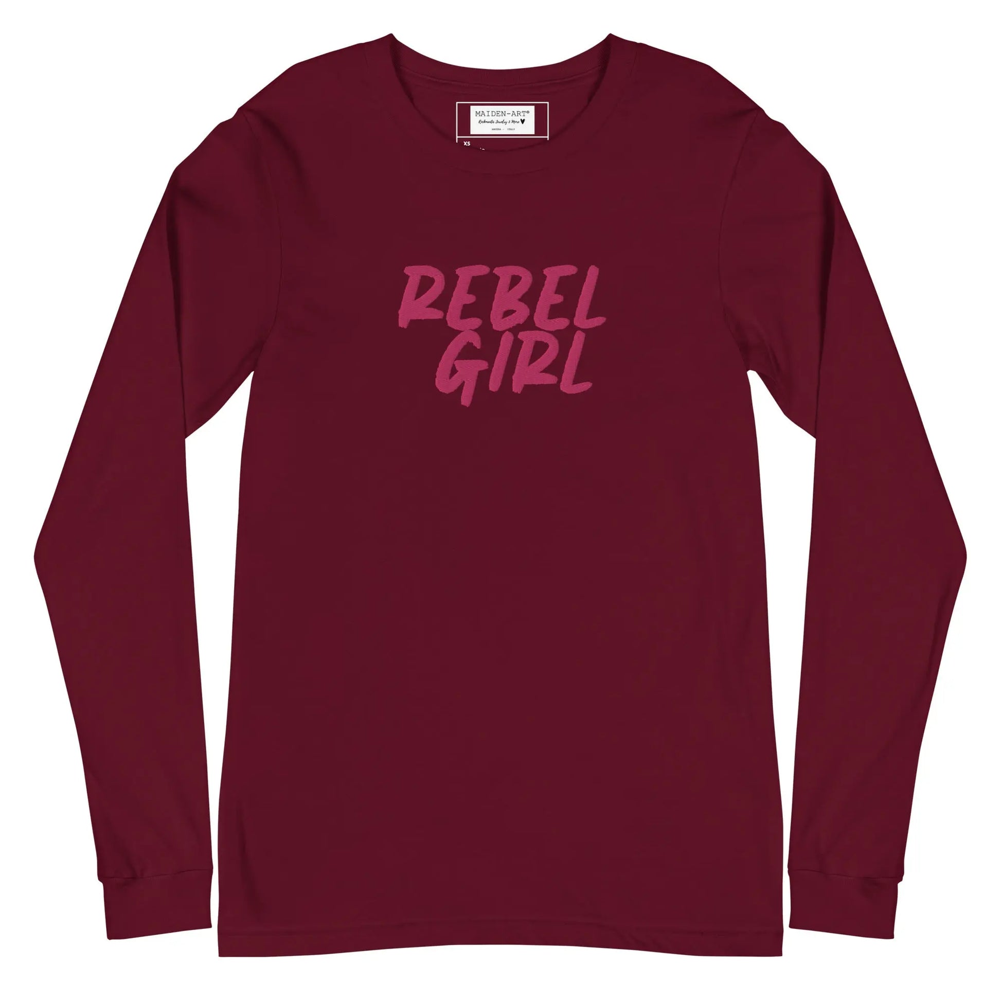 Maroon long-sleeve shirt with 'REBEL GIRL' text in pink on a white background
