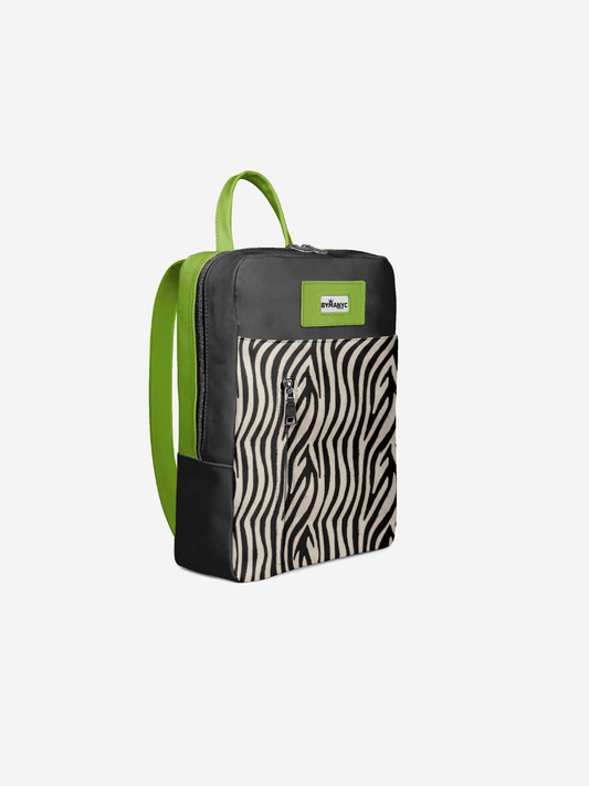 Backpack with zebra pattern and green accents on a white background