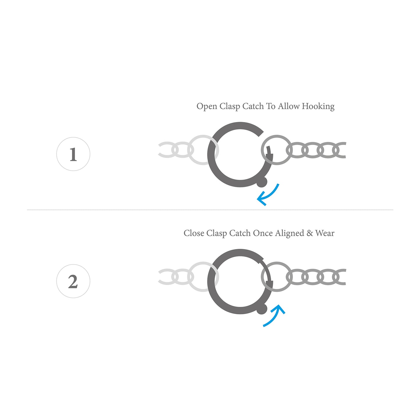 Step-by-step guide on how to open and close a clasp catch with arrows indicating the actions.