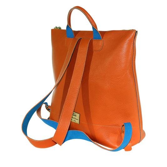 Orange leather backpack with blue straps on a white background