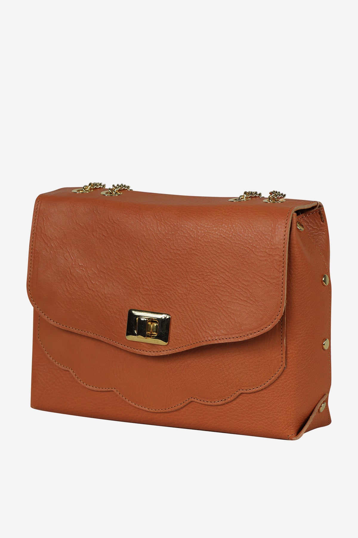 Brown handbag with gold accents on a white background