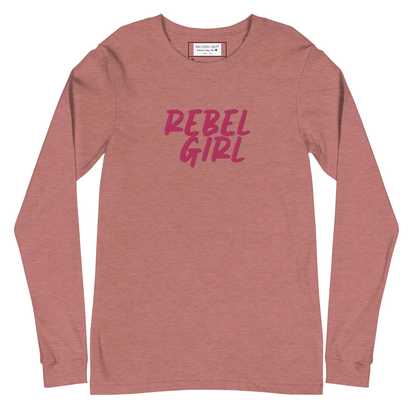 Pink long-sleeve shirt with 'REBEL GIRL' text on a white background