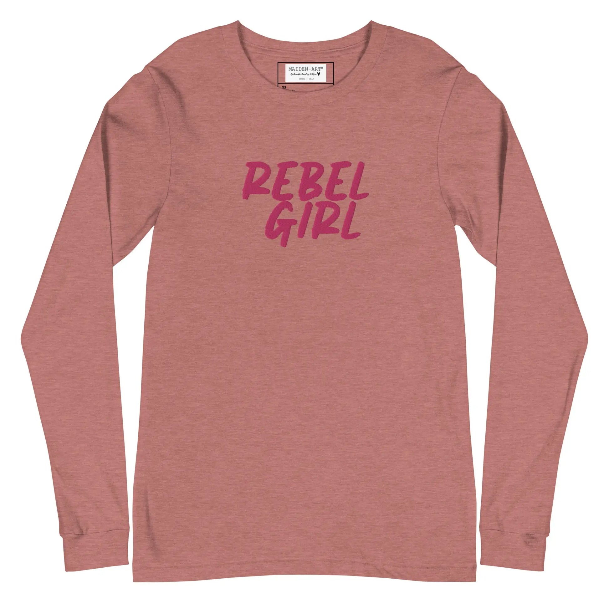 Pink long-sleeve shirt with 'REBEL GIRL' text on a white background