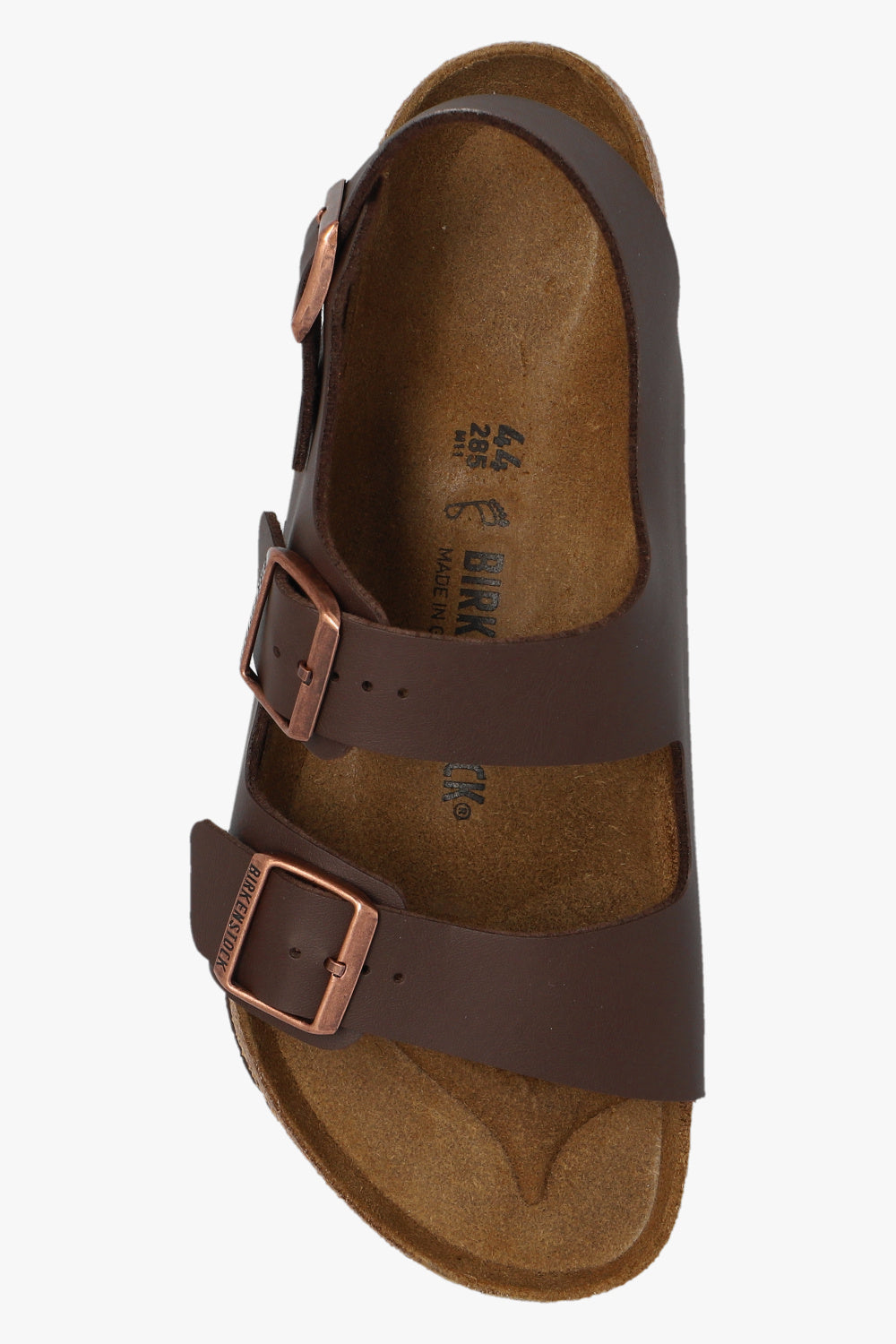 Brown sandal with double buckle on a white background