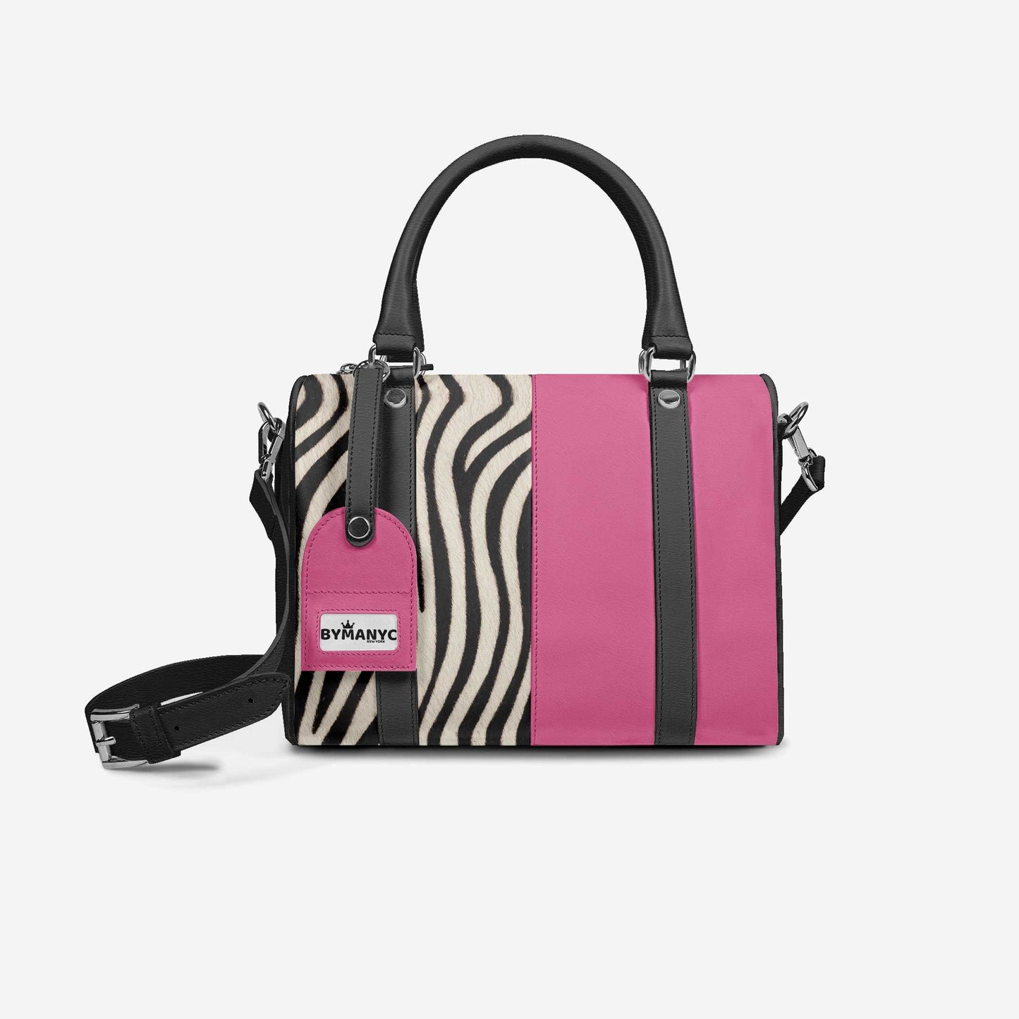 Pink and zebra-striped handbag with 'BYMANYC' logo on a white background