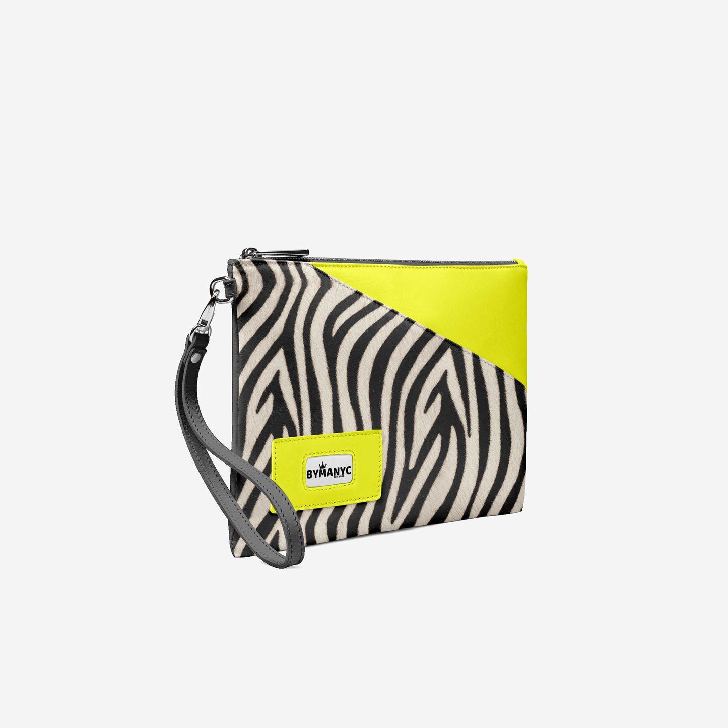 Zebra print clutch with yellow accents and a visible brand logo on a white background