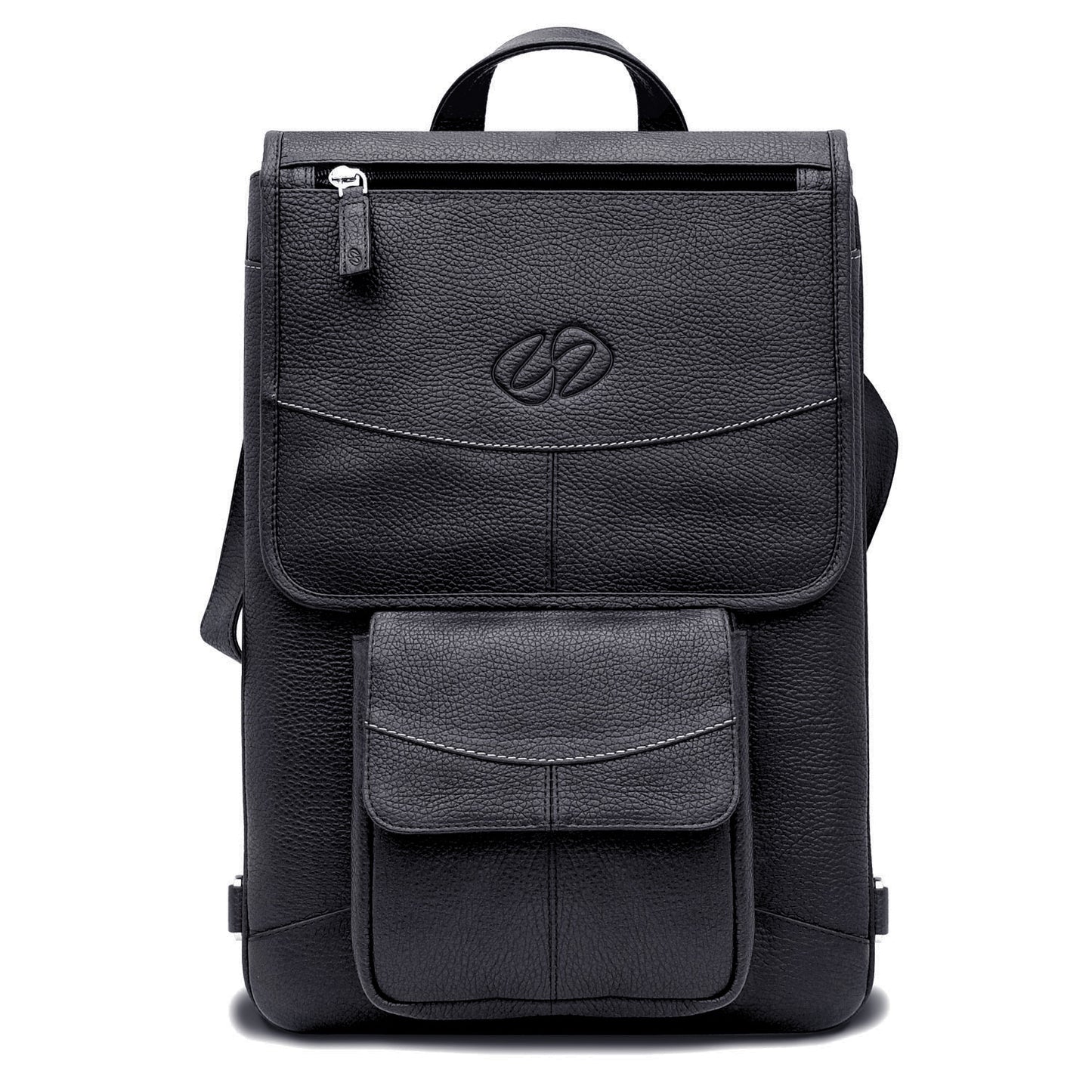 Black leather backpack with a brand logo on a white background