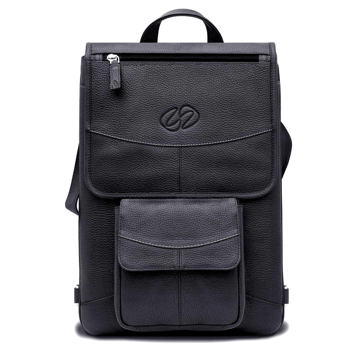 Black leather backpack with a brand logo on a white background