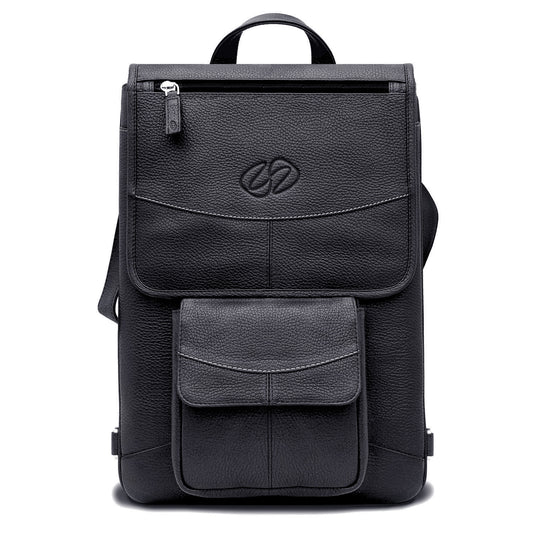 Black leather backpack with a brand logo on a white background