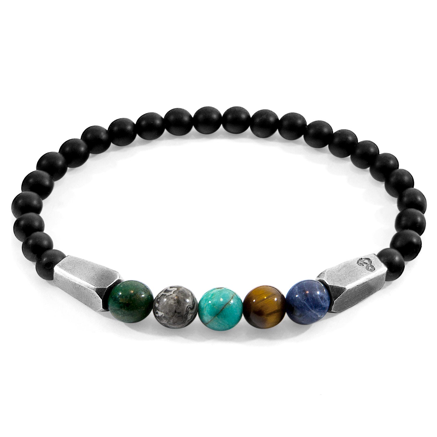 Black beaded bracelet with colorful beads and silver accents on a white background