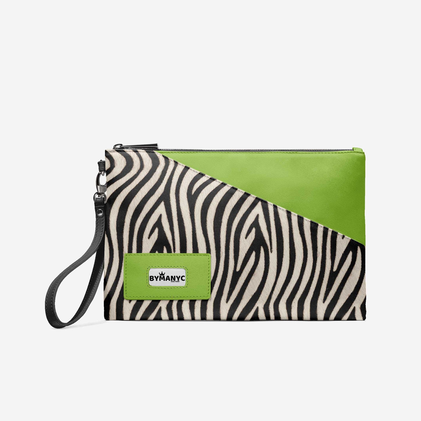 Zebra print clutch with green accents and 'BYMANYC' logo on a white background