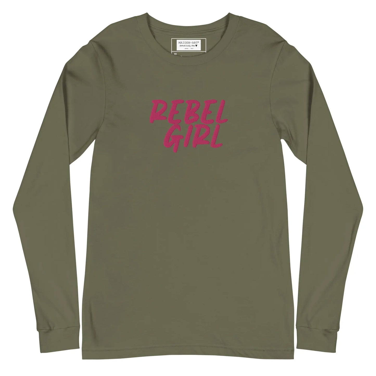 Green long-sleeve shirt with 'REBEL GIRL' text in pink on a white background