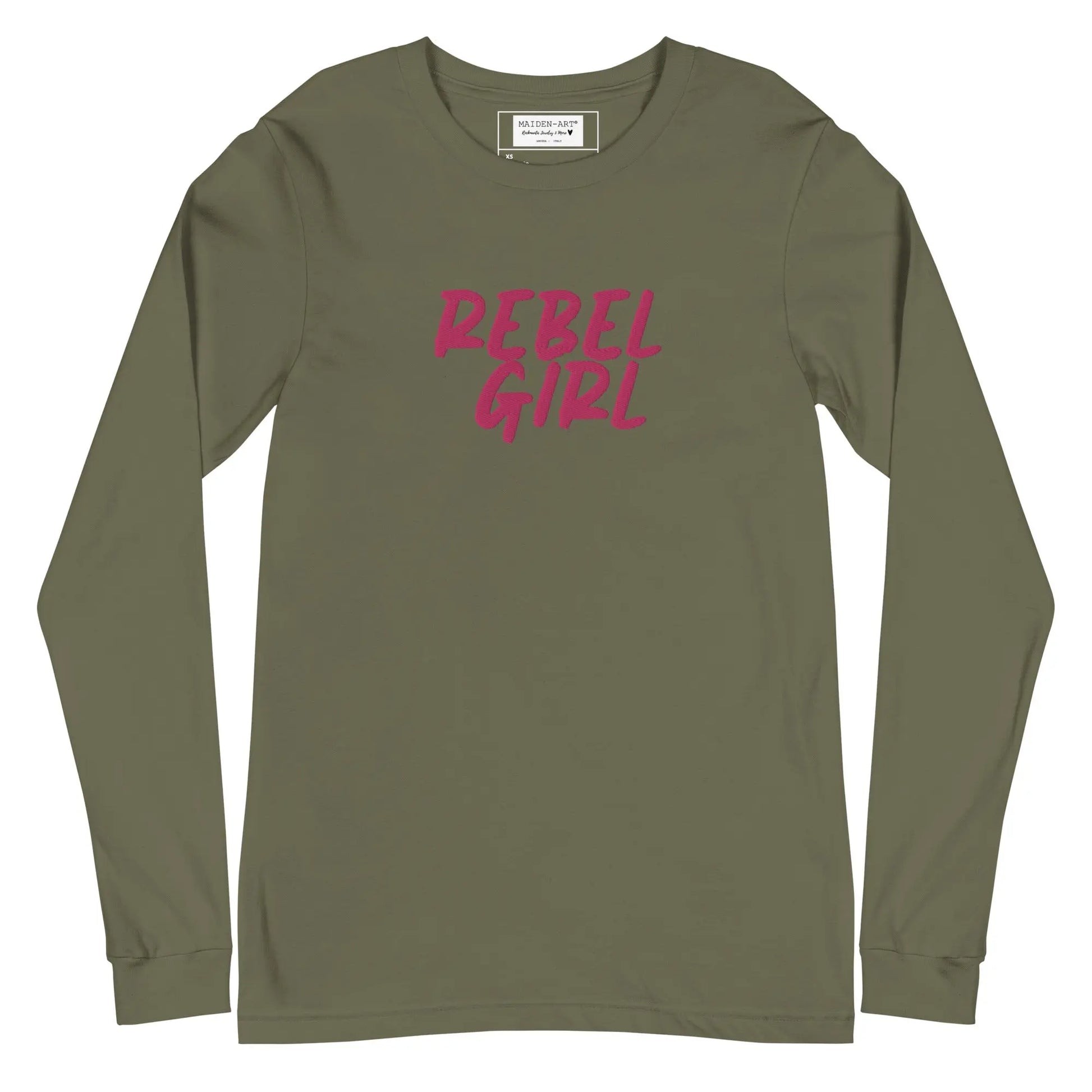 Green long-sleeve shirt with 'REBEL GIRL' text in pink on a white background