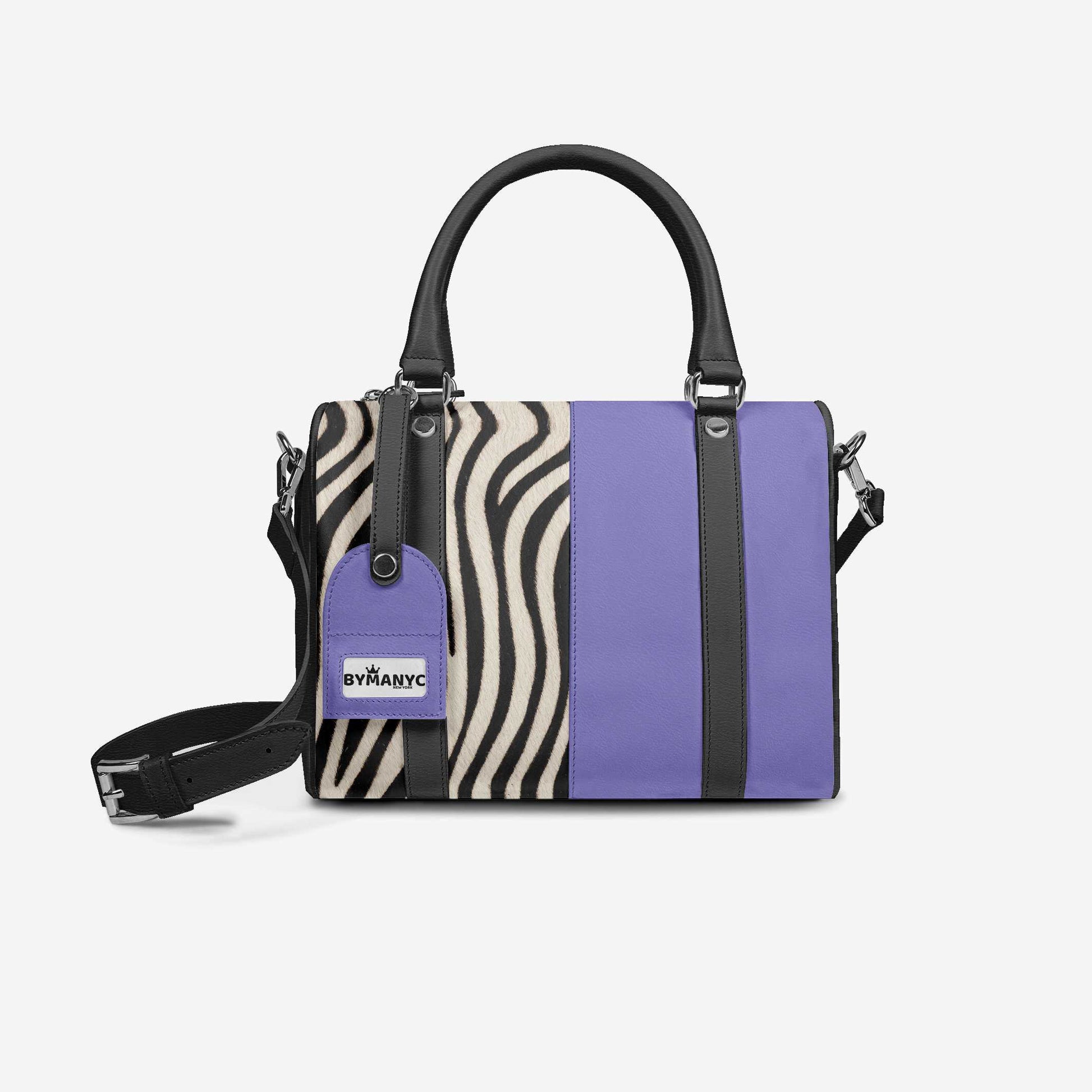 Purple handbag with zebra pattern and black straps on a white background