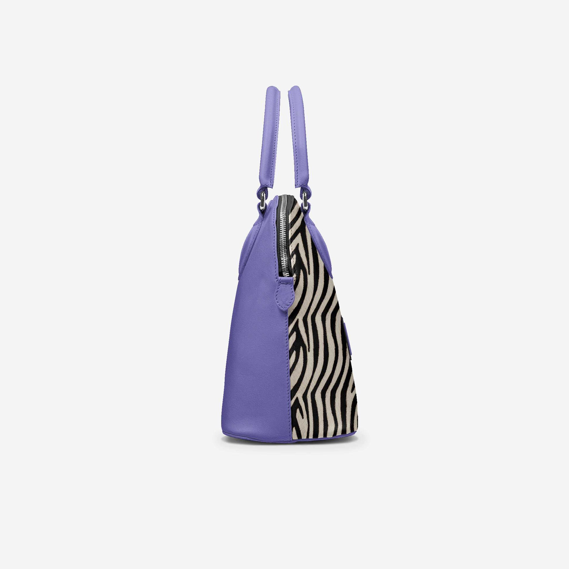 Purple handbag with zebra pattern on a white background