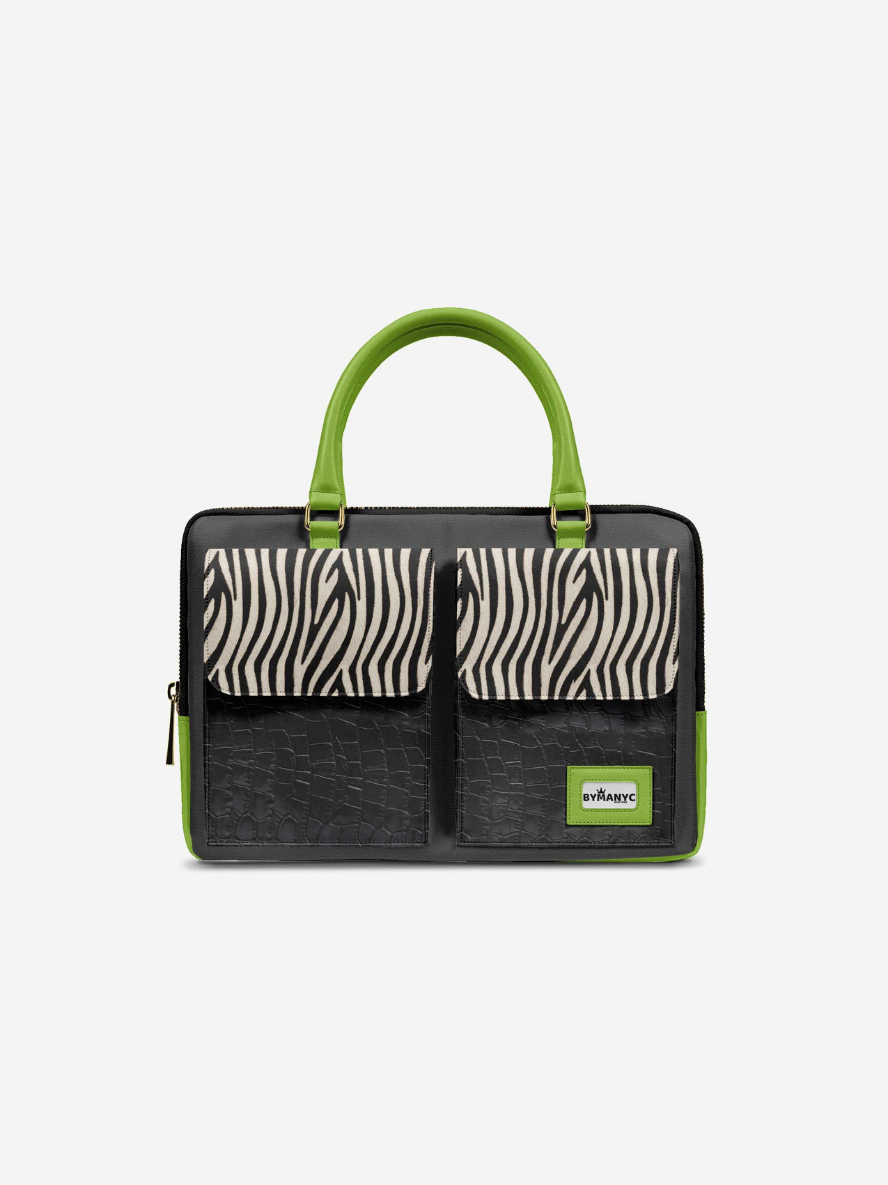 Black handbag with zebra pattern and green accents on a white background