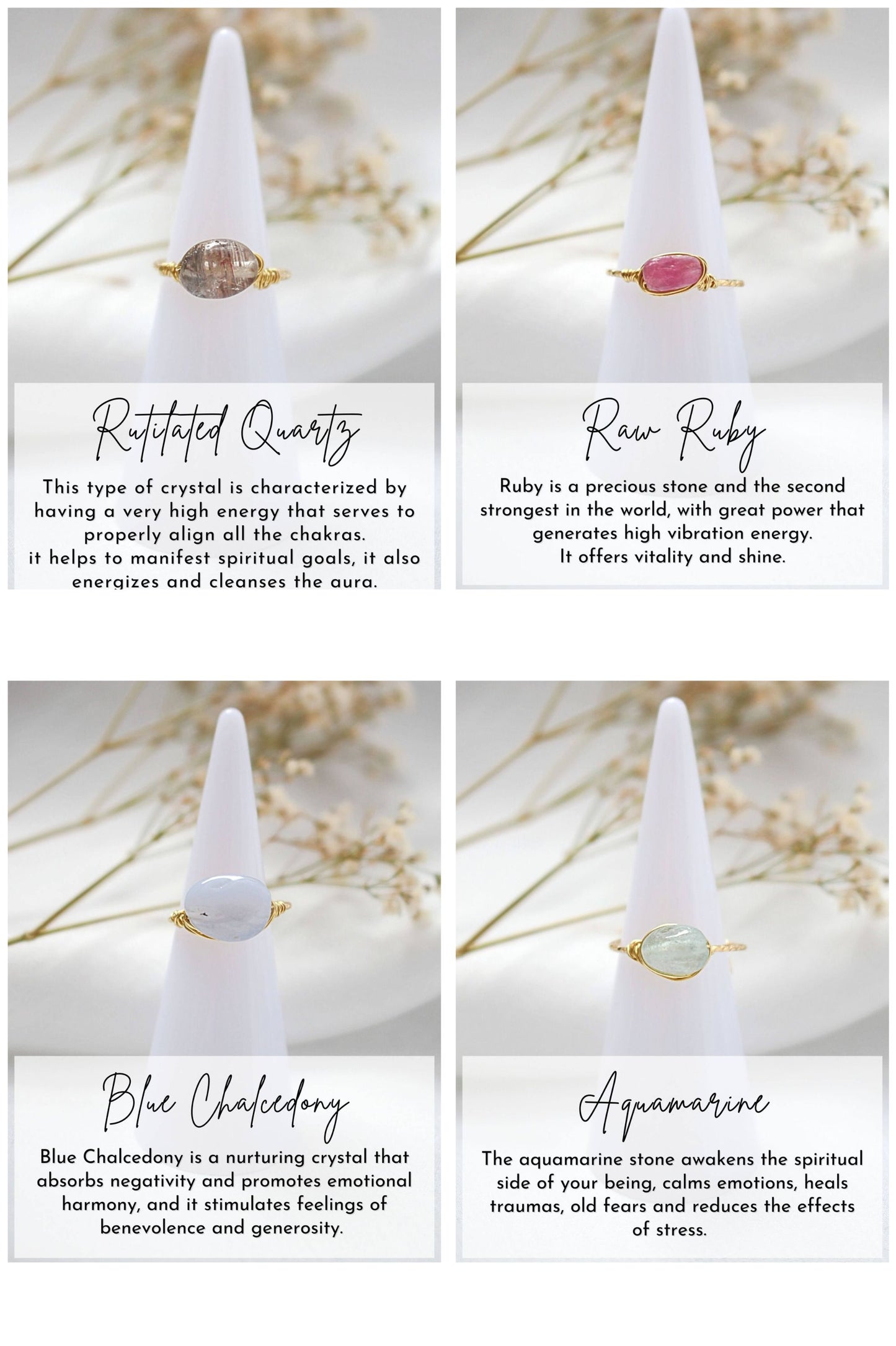 Four crystal cones with gemstones on white stands, each labeled with a different stone type and its properties.