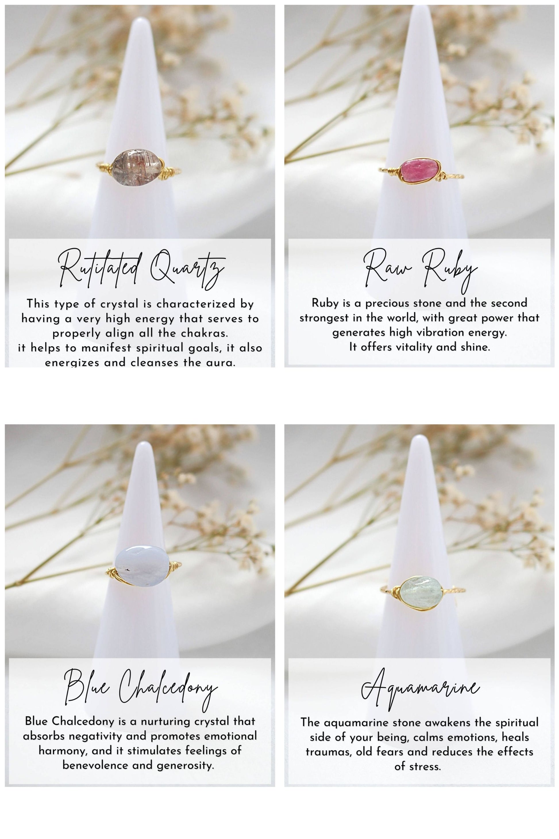 Four crystal cones with gemstones on white stands, each labeled with a different stone type and its properties.