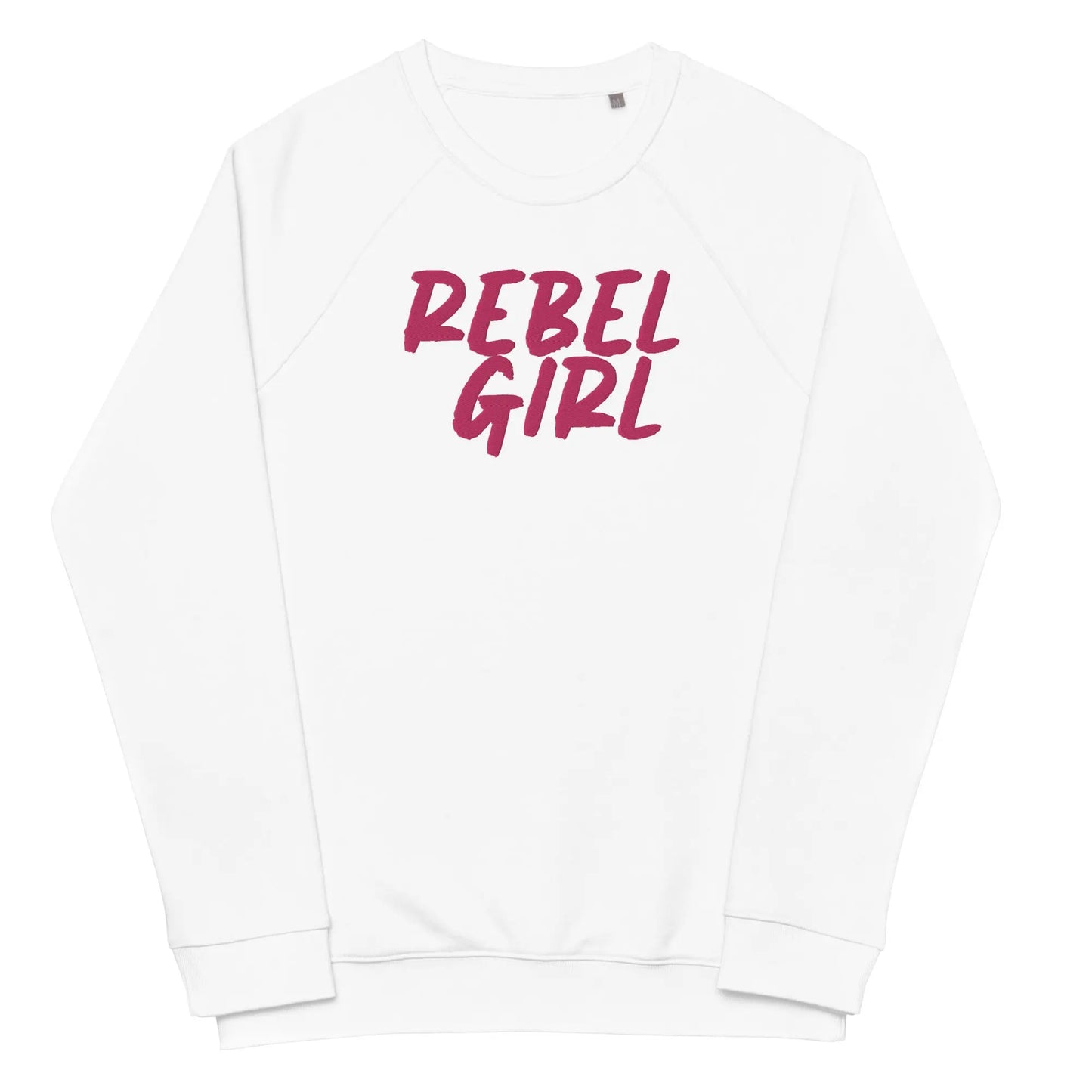 White sweatshirt with 'REBEL GIRL' in pink text on a white background