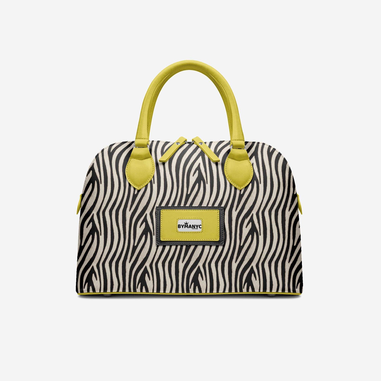 Handbag with zebra pattern and yellow accents on a light gray background