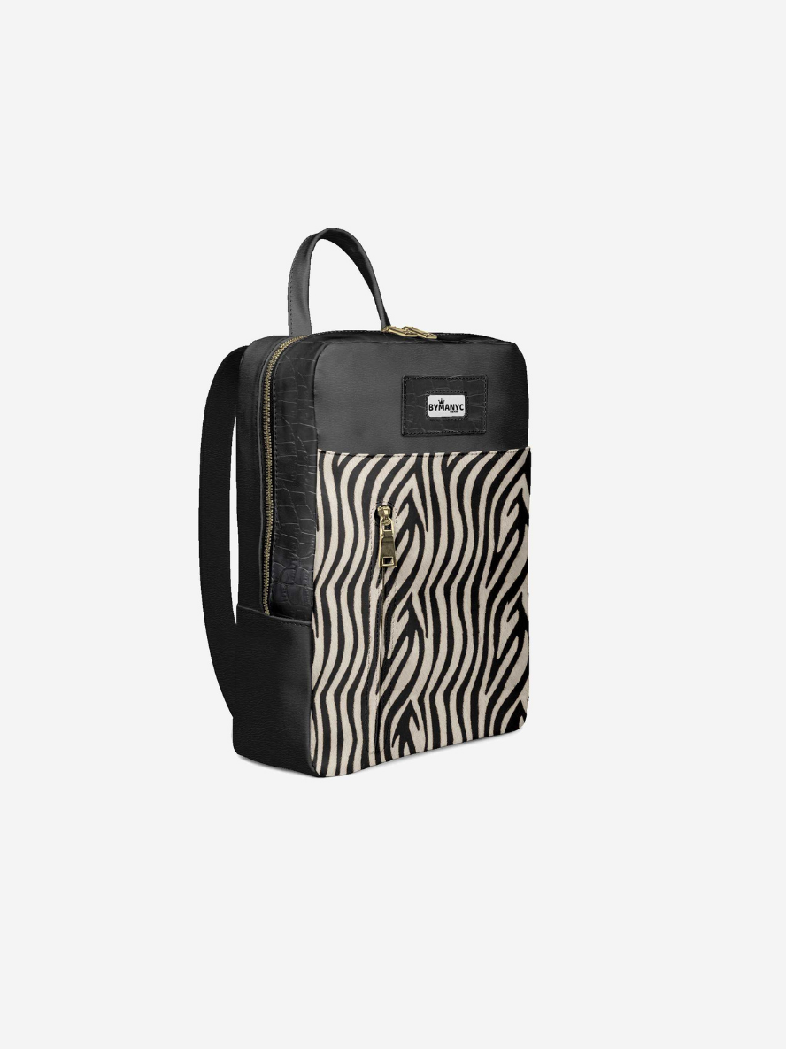 Backpack with zebra pattern on a light gray background