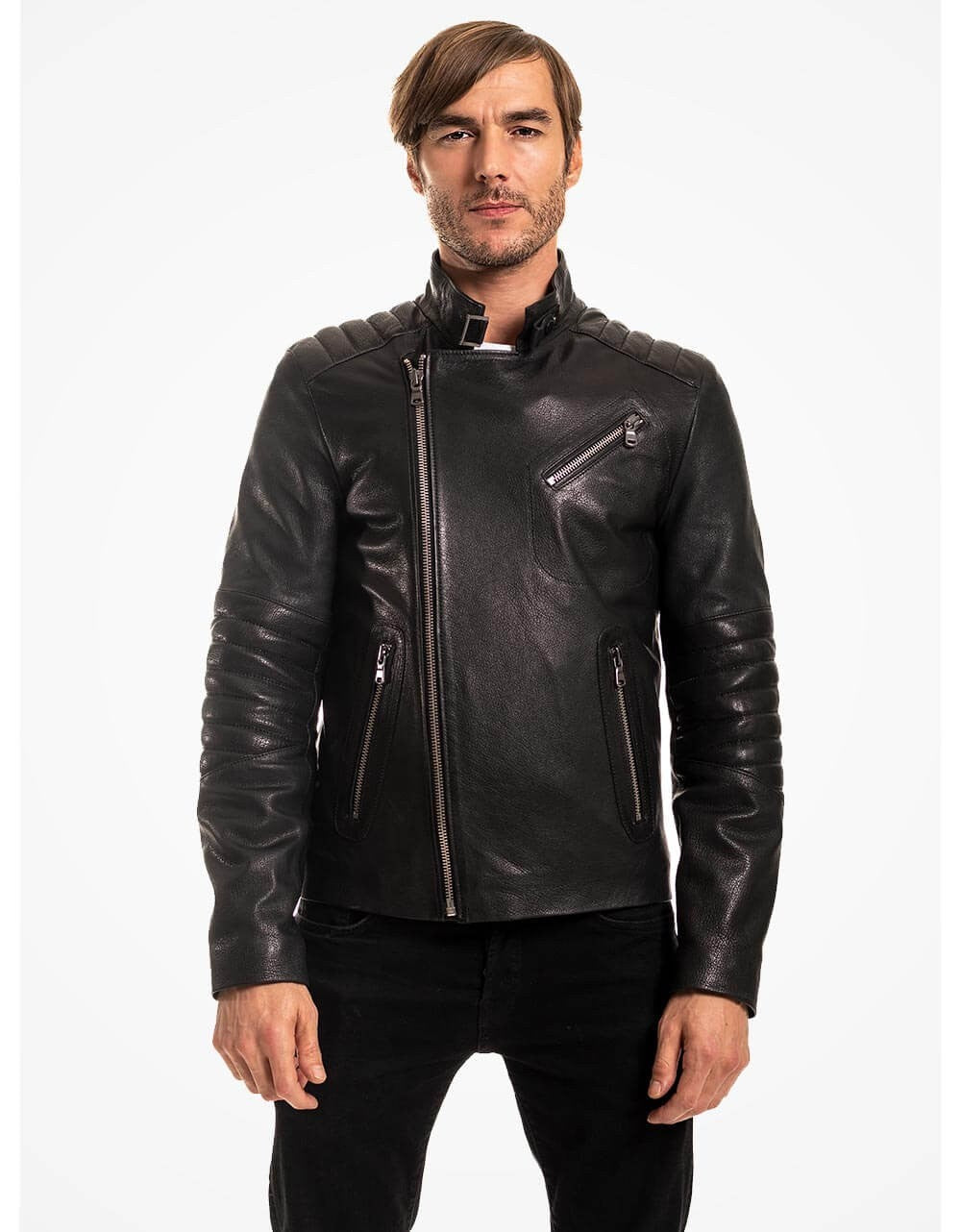 Man wearing a black leather jacket on a white background