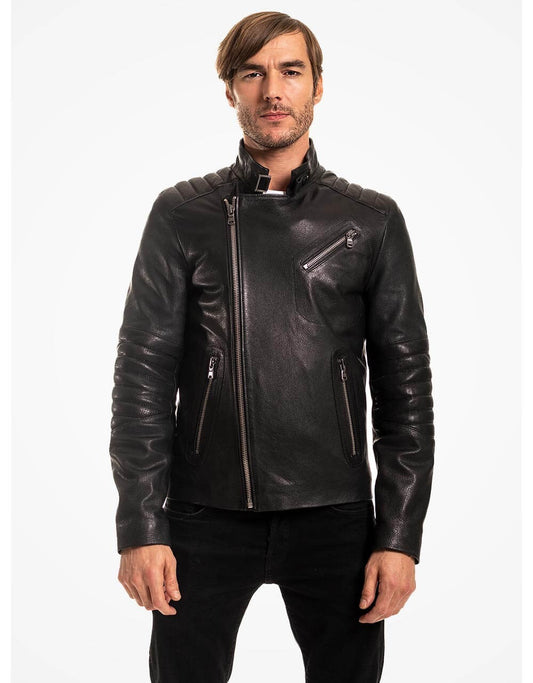 Man wearing a black leather jacket on a white background