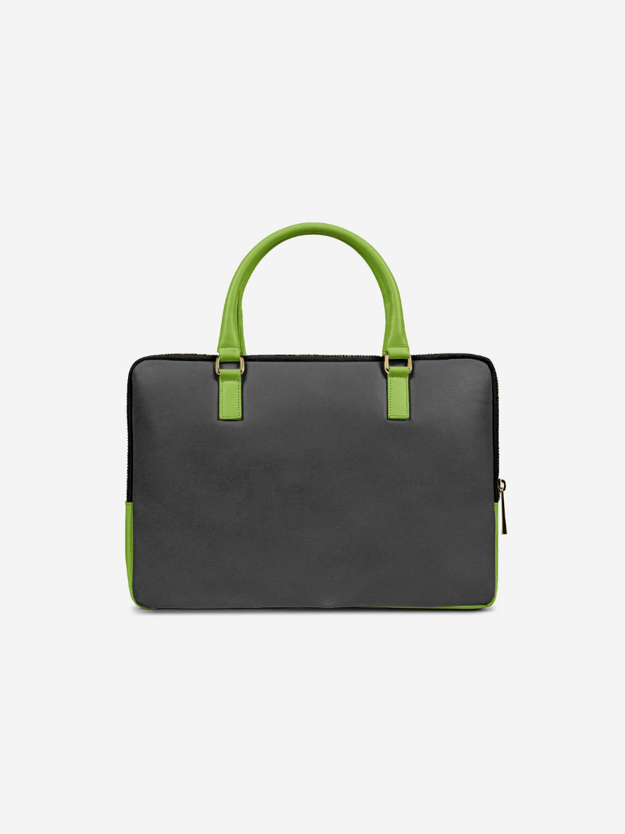 Black briefcase with green handles on a white background