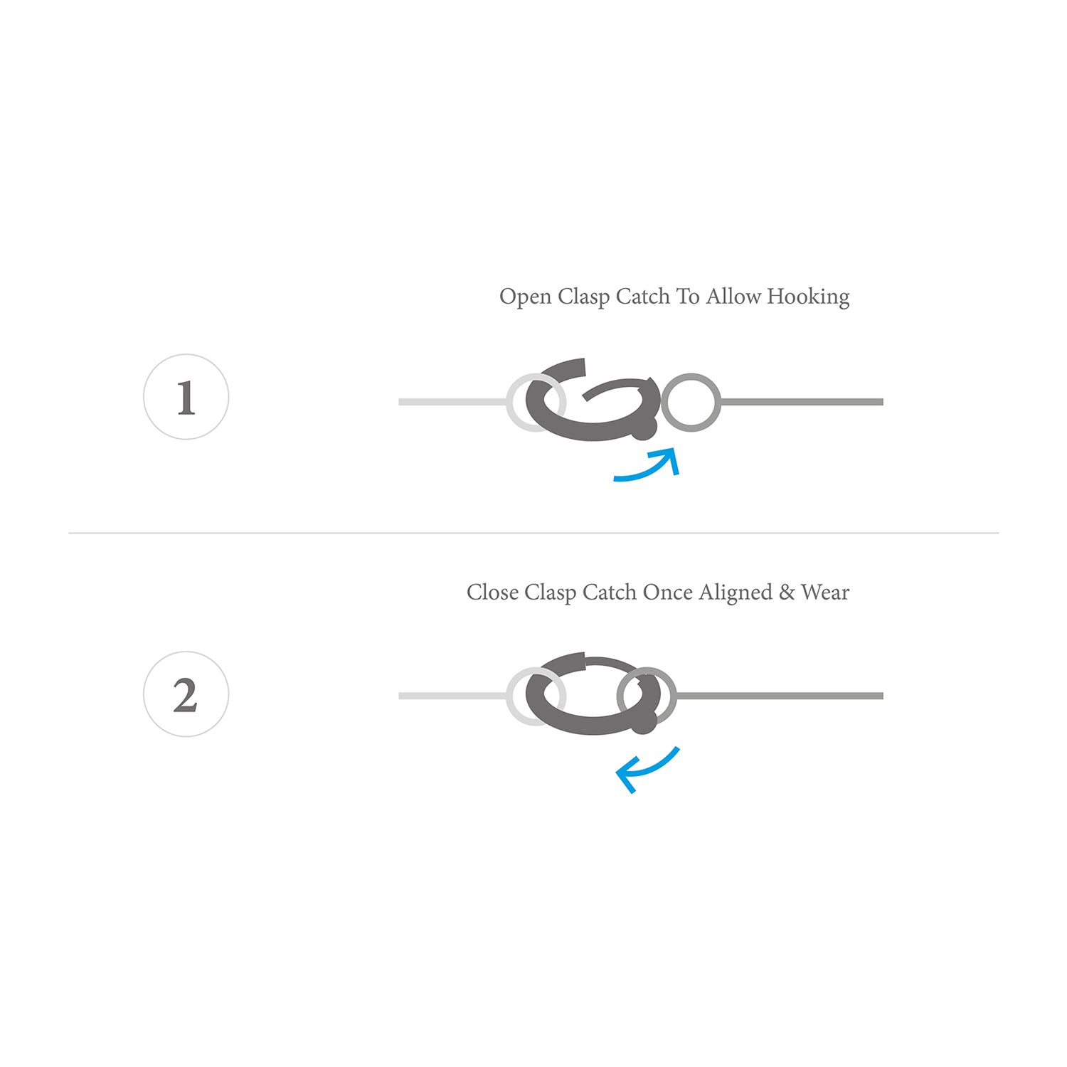 Step-by-step guide on how to use a clasp with arrows and text instructions.