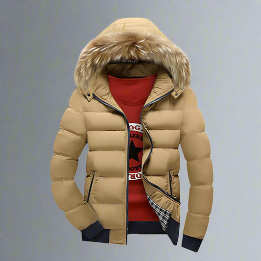 Beige puffer jacket with fur hood on a gray background