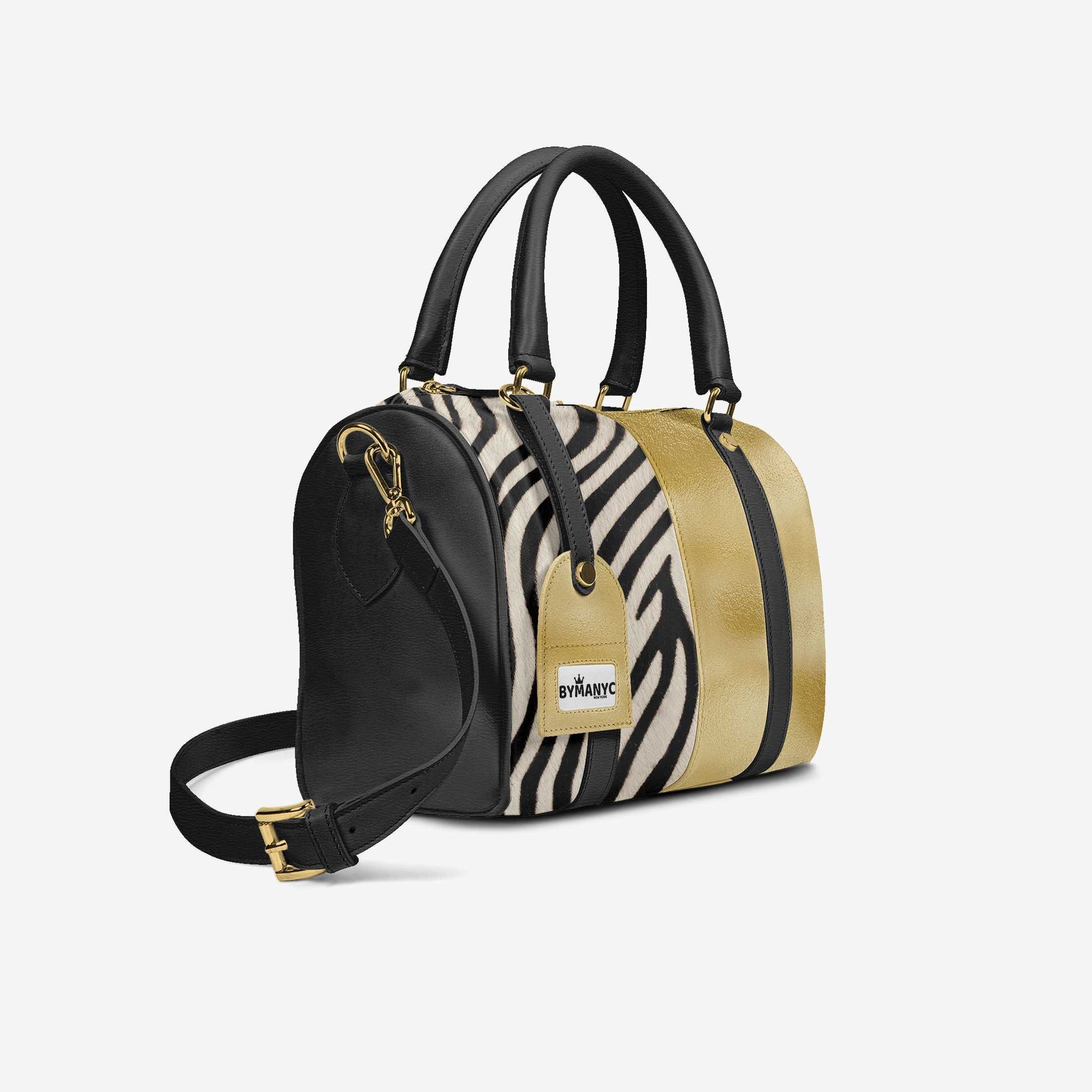 Handbag with zebra print and gold accents on a white background