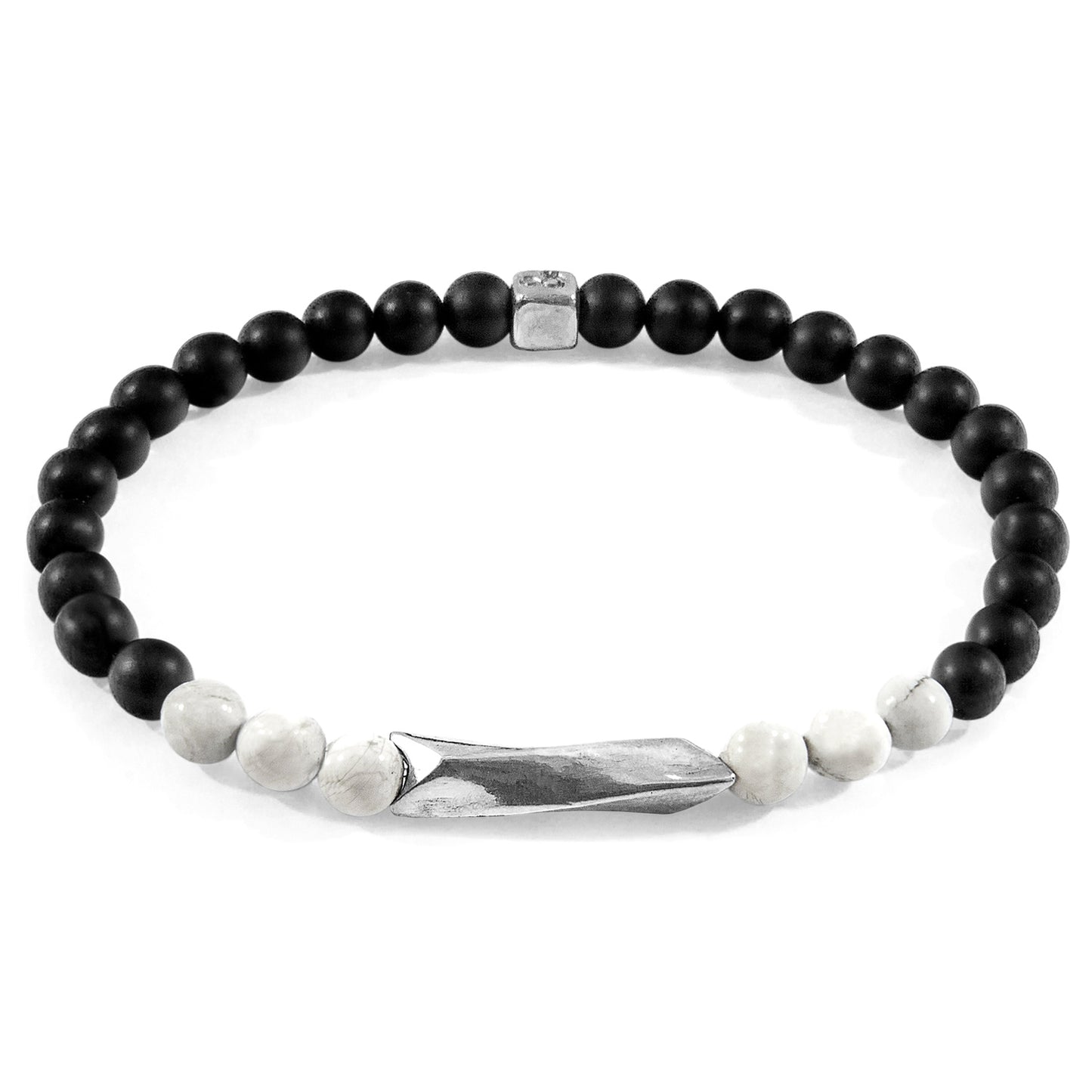 Black beaded bracelet with a silver tag on a white background
