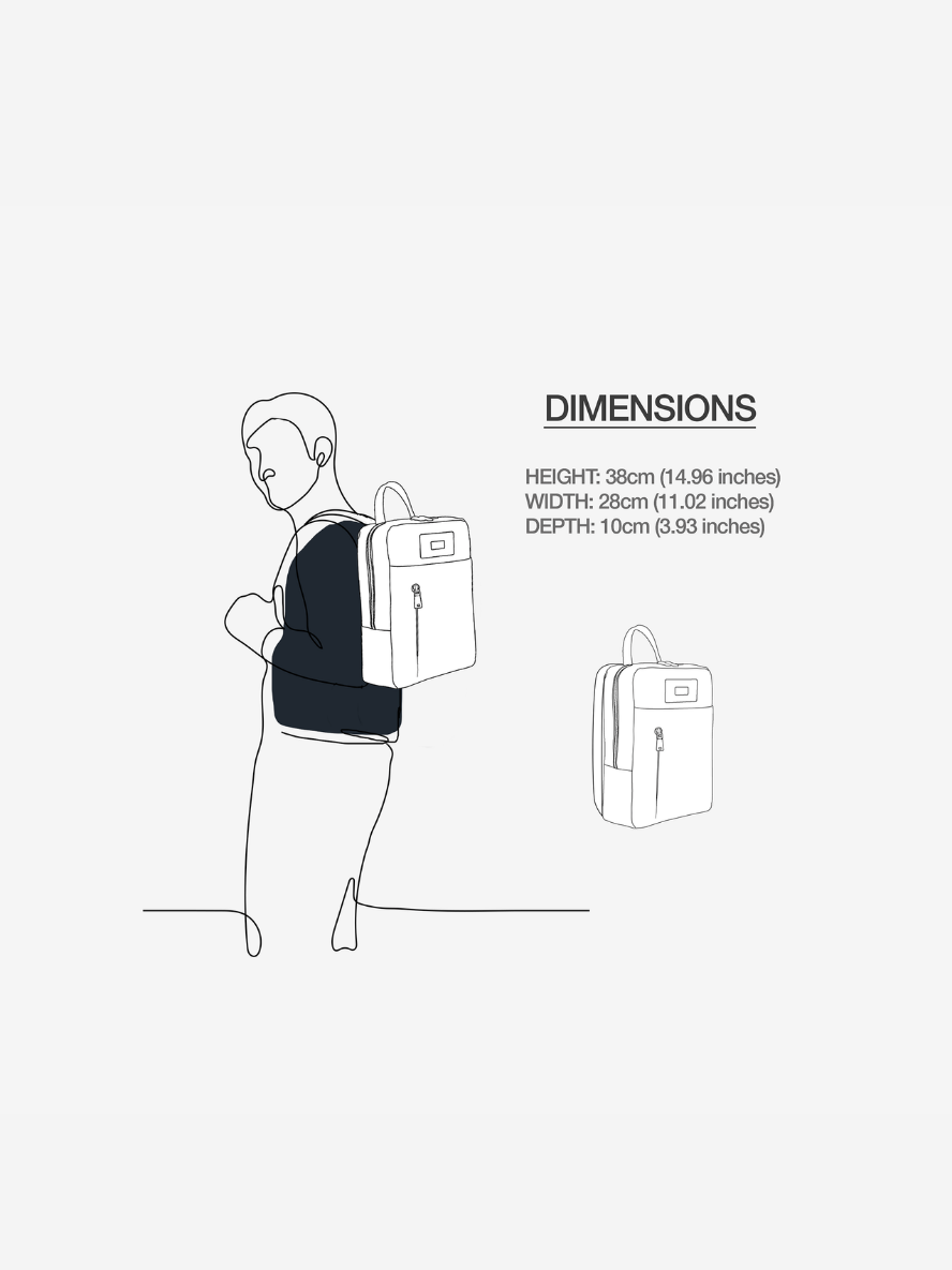 Outline of a person wearing a backpack with dimensions displayed.
