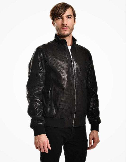 Man wearing a black leather jacket on a white background
