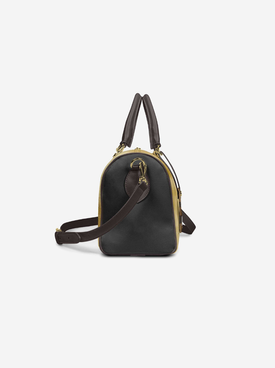 Black backpack with gold accents on a white background