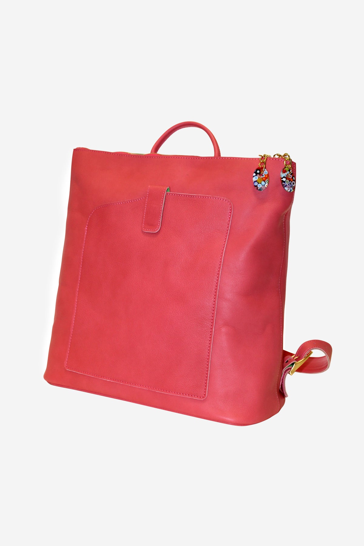 Red leather backpack on a light gray background