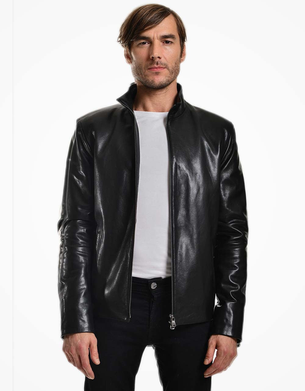 Man wearing a black leather jacket on a white background