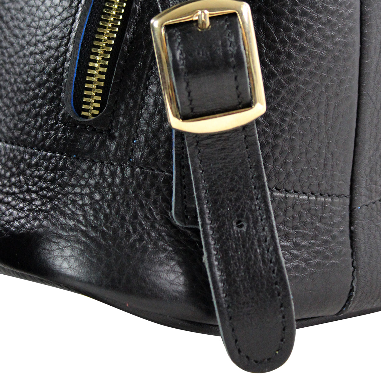 Black leather bag with gold buckle and strap on a white background