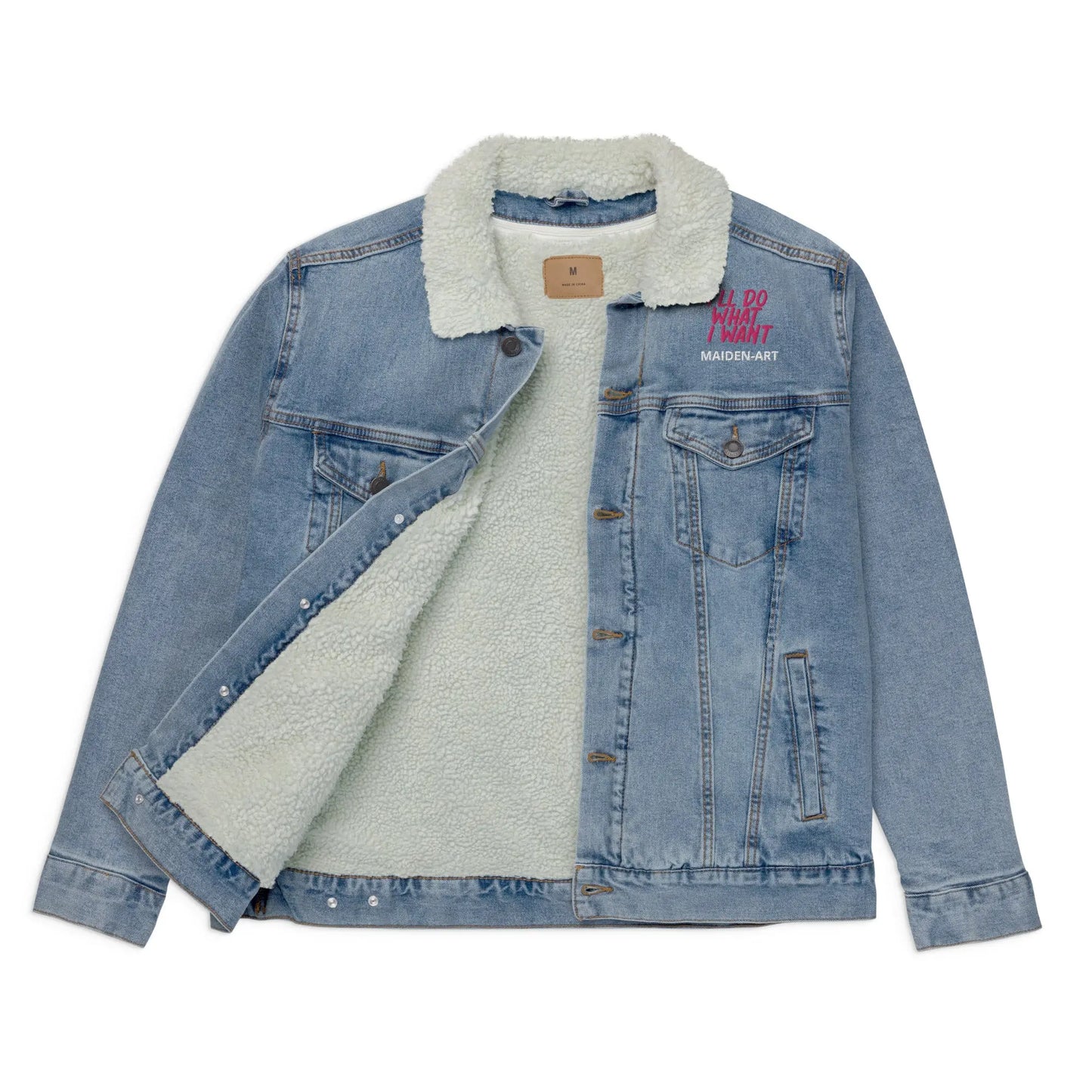 Denim jacket with sherpa lining and embroidered text on a white background