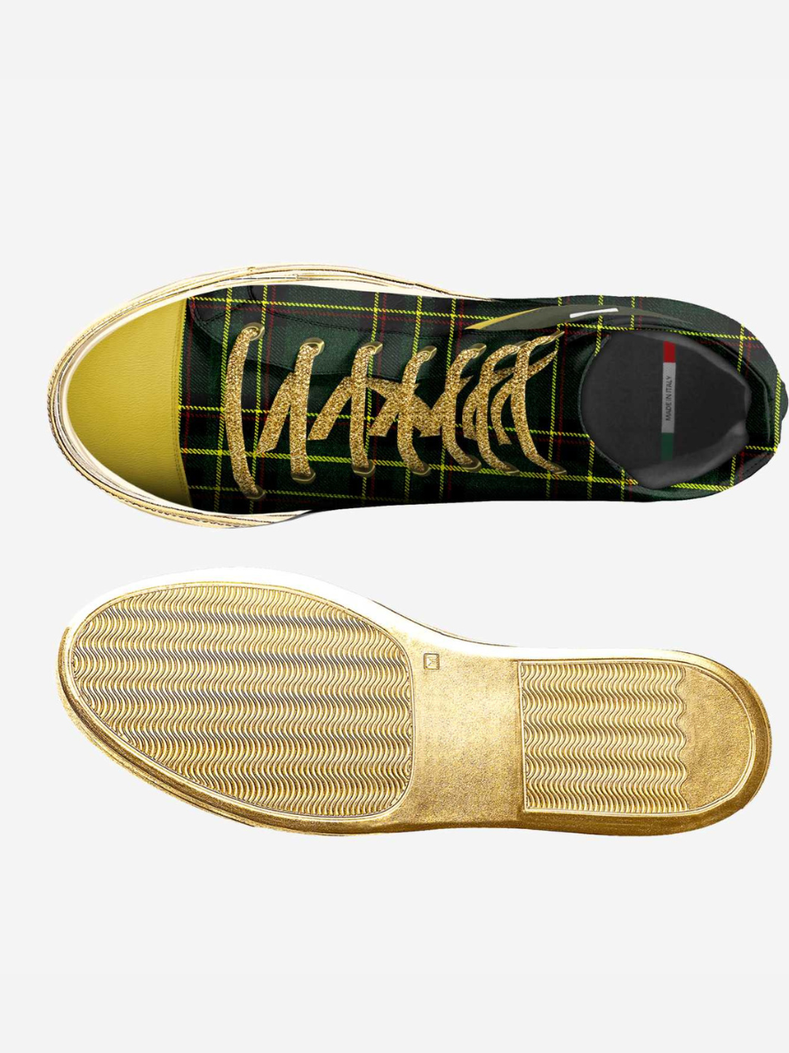 Shoe with plaid pattern and gold laces on a white background