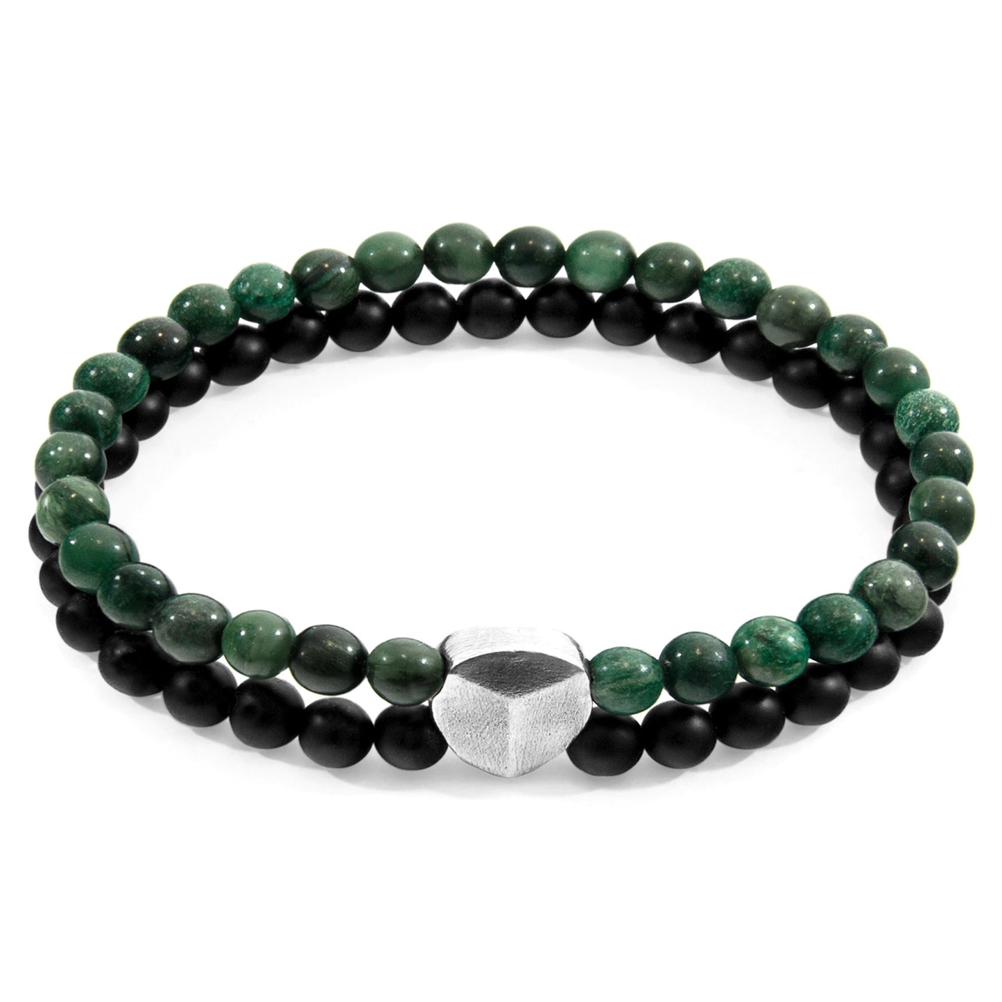 Two beaded bracelets, one green and one black, with a silver cube charm on a white background.