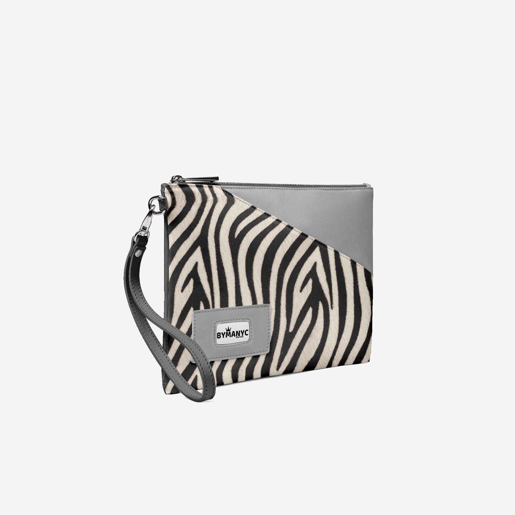 Zebra print clutch bag with gray accents on a white background