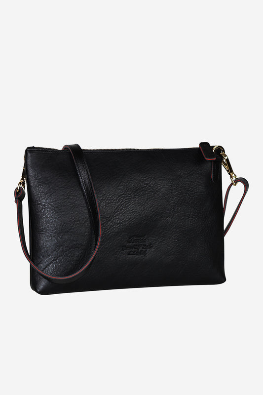 Black leather crossbody bag on a white background