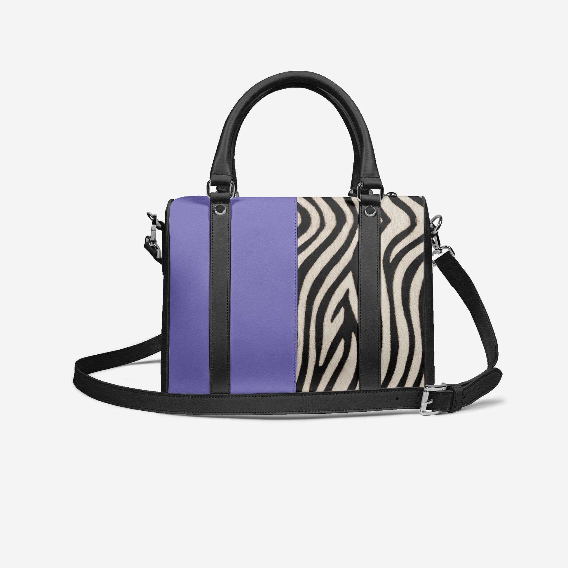 Handbag with purple and zebra pattern design on a white background